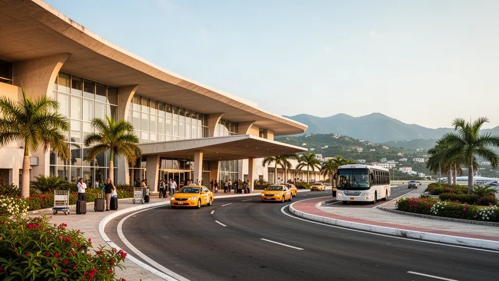 Vista durante la hora dorada de la terminal del Aeropuerto Internacional Toussaint Louverture y los carriles de descenso en Puerto Príncipe, Haití