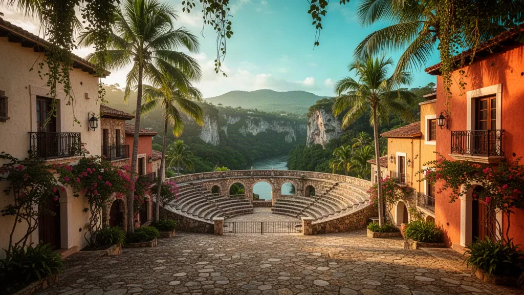 Villaggio in pietra di Altos de Chavón e il suo anfiteatro affacciato sul fiume Chavón a La Romana, Repubblica Dominicana, durante l'ora d'oro