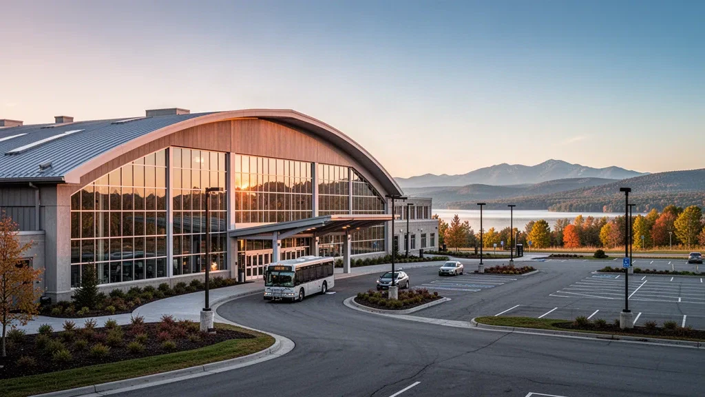 Extérieur du terminal de l'aéroport international de Plattsburgh et voies de dépose à l'heure dorée, avec le lac Champlain et les collines des Adirondacks en arrière-plan