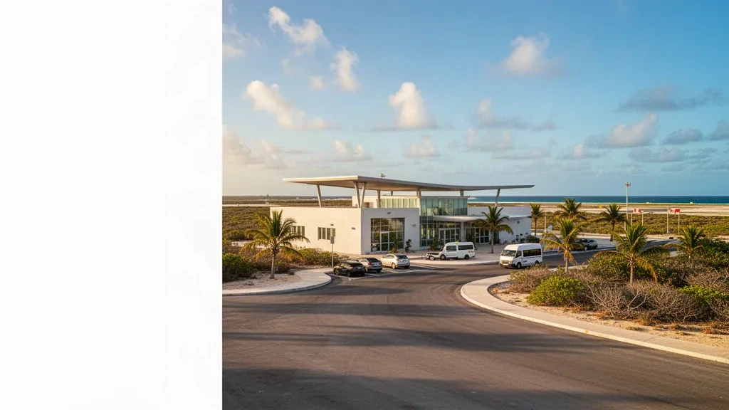 Extérieur moderne d'un terminal aéroportuaire caribéen à l'aéroport de Pedernales en République dominicaine, encadré de palmiers et baigné d'une lumière côtière chaleureuse