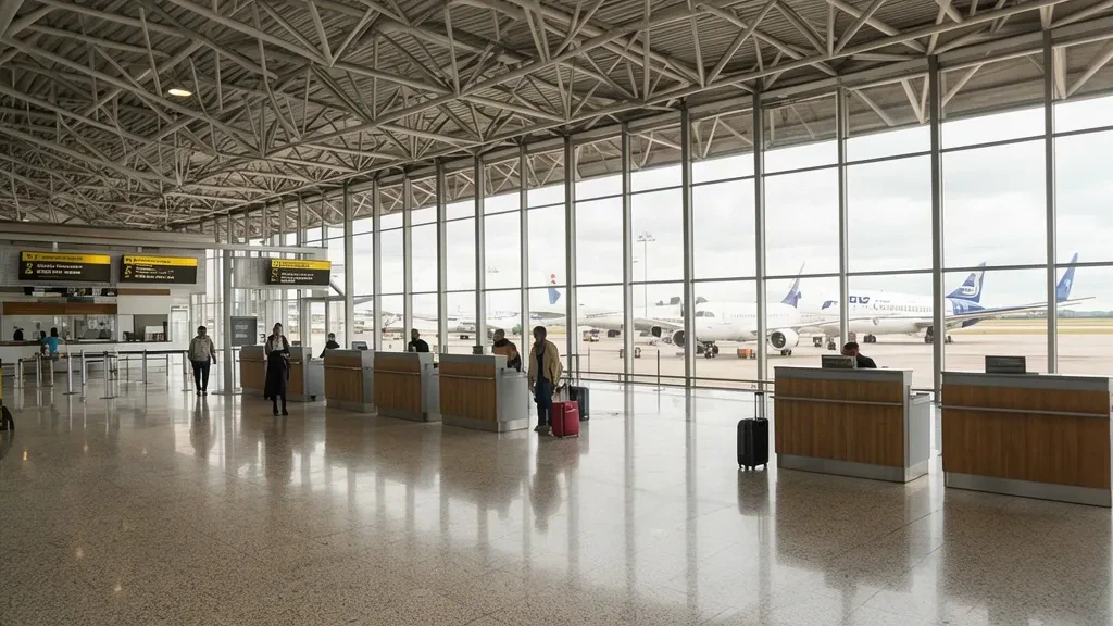 Brezilya'nın Passo Fundo kentindeki Lauro Kurtz Havalimanı terminalinin içi, check-in alanı ve yolcular görülüyor.