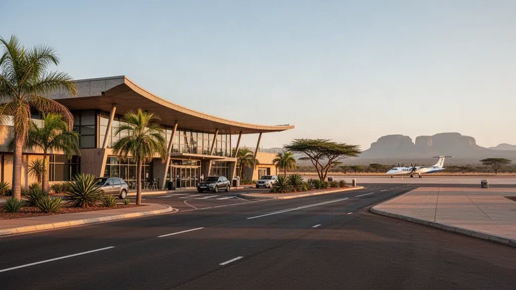 Modern terminal and drop-off area at Hendrik Van Eck Airport in Phalaborwa, South Africa, bathed in warm golden-hour light