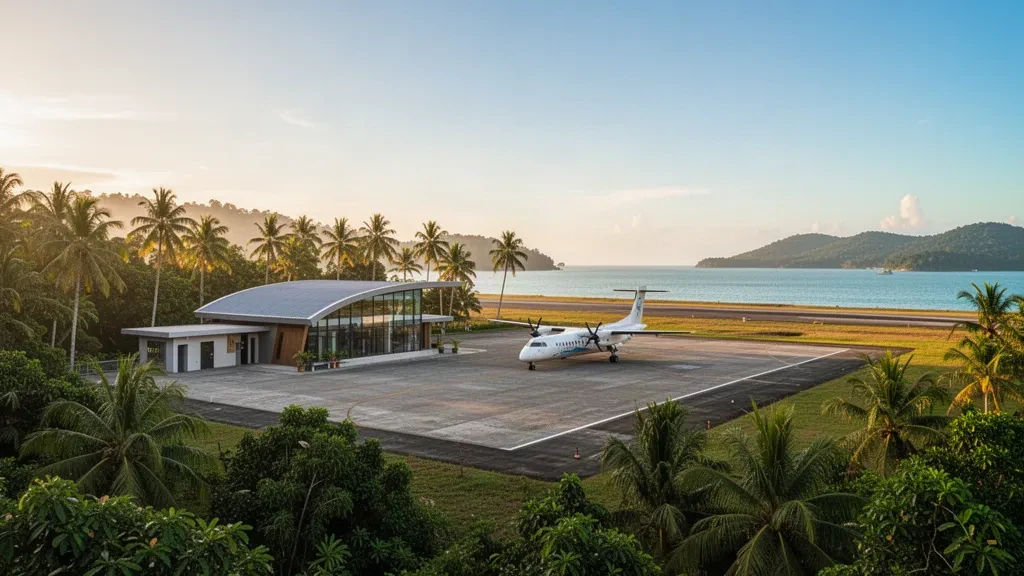 Terminal tropical de l'aéroport de Pulau Pangkor avec un avion à turbopropulseur sur le tarmac et des palmiers sous un ciel dégagé.