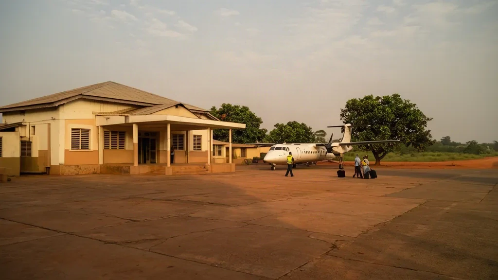 Terminal a un piano e turboelica parcheggiato all'aeroporto di Parakou in Benin, visto dal piazzale con luce calda del pomeriggio