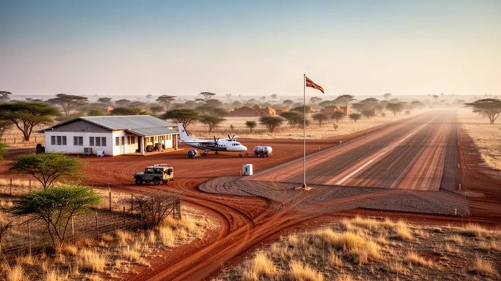 Unpaved laterite runway, small apron and low terminal building at Pala Airport in Chad under warm late-afternoon savanna light