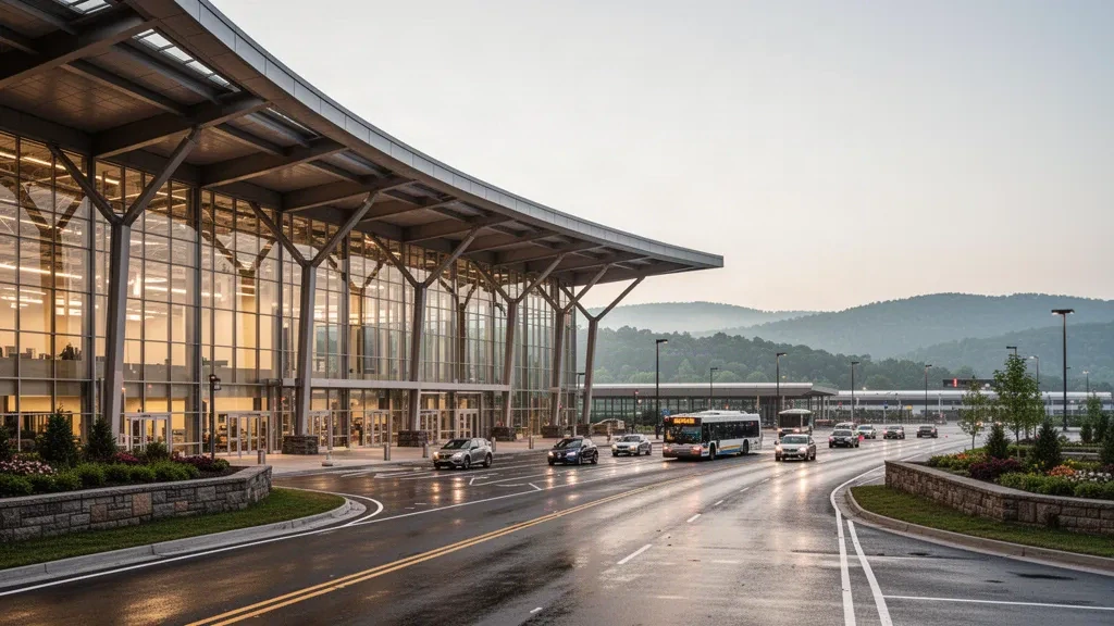 Moderno terminal esterno in vetro dell'Aeroporto Internazionale di Pittsburgh con corsie di sosta al marciapiede, veicoli parcheggiati e le colline della Pennsylvania all'ora d'oro.