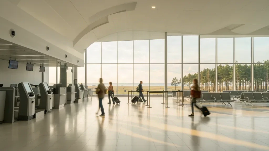 Helles Terminalinnere am internationalen Flughafen Palanga in Litauen mit Check-in-Schaltern, Glaswänden und Reisenden mit Gepäck