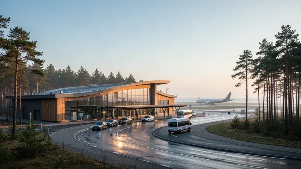 Terminal moderna de cristal y carril de descenso en el Aeropuerto Internacional de Palanga, Lituania, rodeada de bosque de pinos bálticos durante la hora dorada