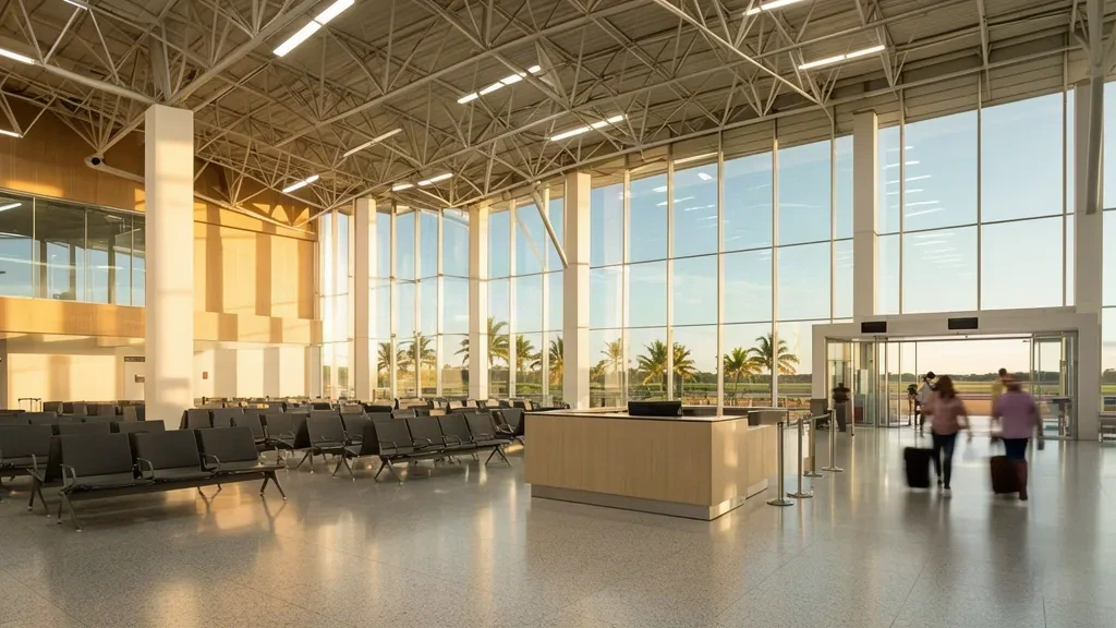 Interno luminoso della sala partenze dell'Aeroporto Brigadeiro Lysias Rodrigues (PMW) a Palmas, Brasile, con pareti in vetro e sedute d'attesa
