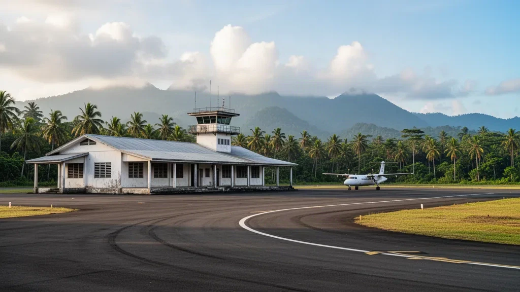 Girua Airport near Popondetta in Papua New Guinea, showing a small tropical terminal, apron and rainforest mountain backdrop
