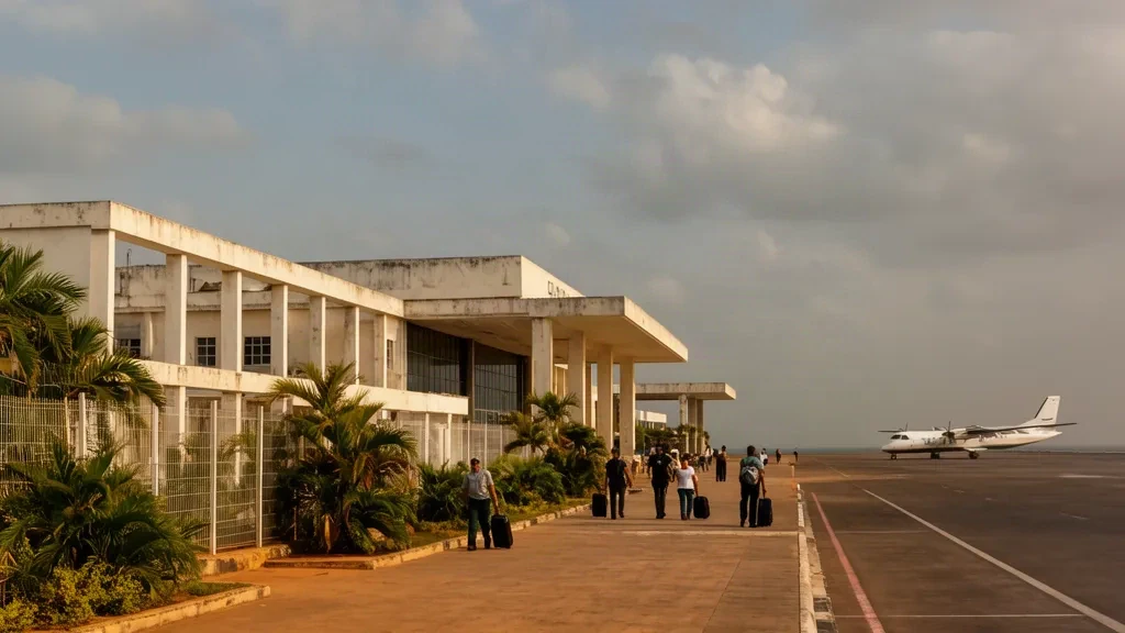 Vista exterior de la terminal del Aeropuerto Internacional de Port-Gentil en Gabón con palmeras, aviones estacionados y viajeros bajo la luz tropical