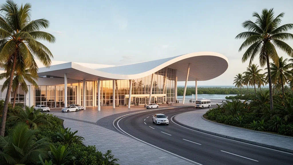 Terminal moderno a bassa altezza e corsia di sosta circondata da palme all'aeroporto internazionale di Port Gentil in Gabon sotto una calda luce equatoriale