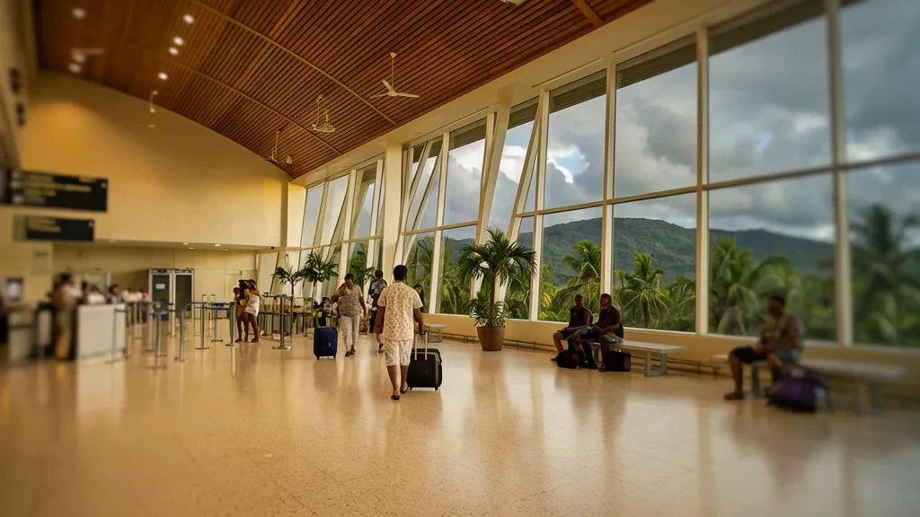 Passeggeri con bagagli in transito nella luminosa sala partenze dell'Aeroporto Internazionale Jacksons di Port Moresby, Papua Nuova Guinea