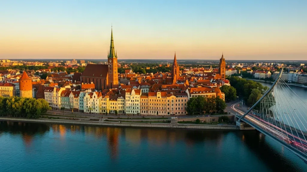 Golden-hour view over Riga's Old Town skyline, church spires and the Daugava River in Latvia