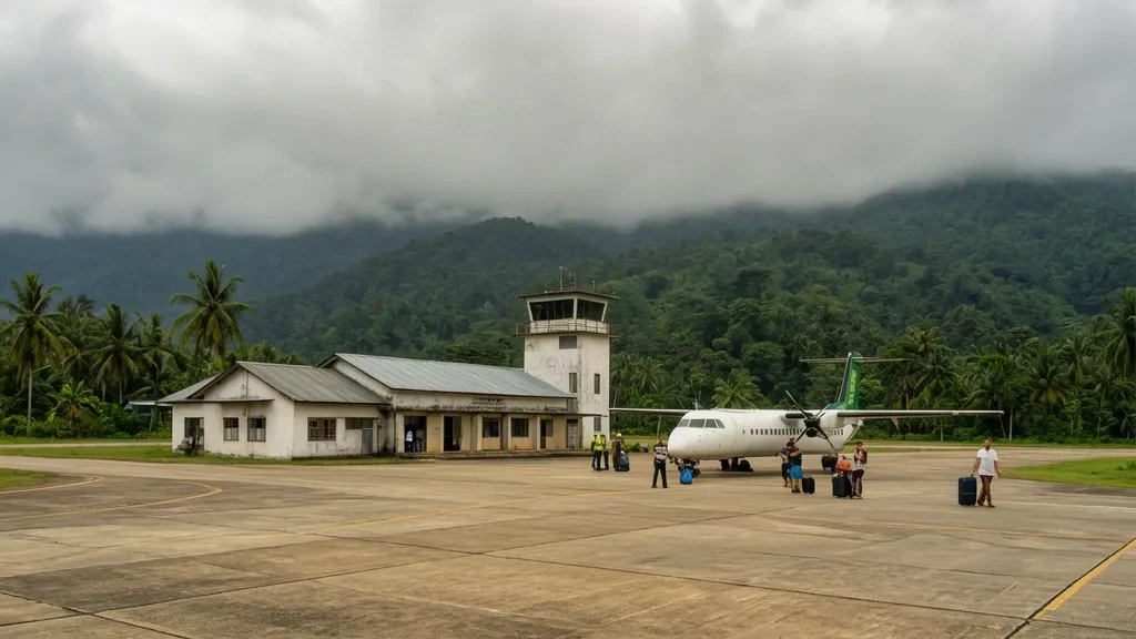 Petit terminal rural et un avion à turbopropulseur stationné à l'aéroport de Hpapun PPU, dans l'État de Kayin, au Myanmar, entouré de verdure tropicale.