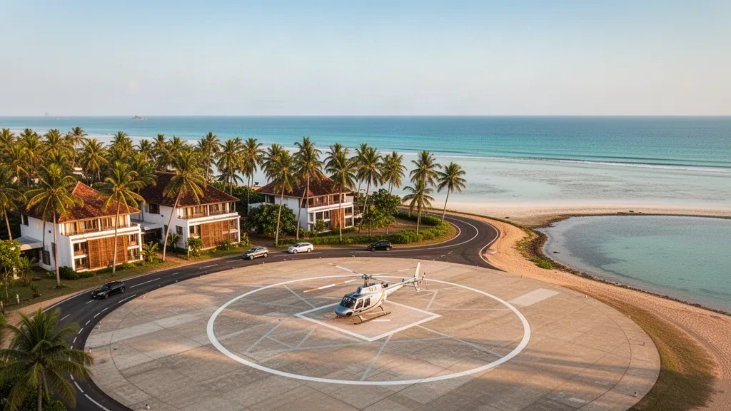 Vue aérienne de l'héliport de Passikudah au Sri Lanka, montrant l'aire d'atterrissage côtière, l'océan turquoise, les palmiers et un hélicoptère léger à l'heure dorée.