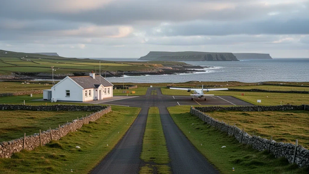 Petite piste d'aérodrome insulaire et terminal blanc à l'aéroport de Papa Westray dans les Orcades, en Écosse, sous un ciel côtier balayé par le vent