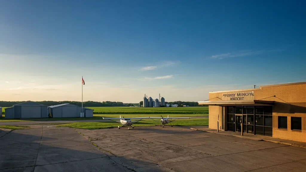 Terminal y plataforma del Aeropuerto Municipal de Perry en Iowa con aviones ligeros aparcados bajo un amplio cielo del Medio Oeste