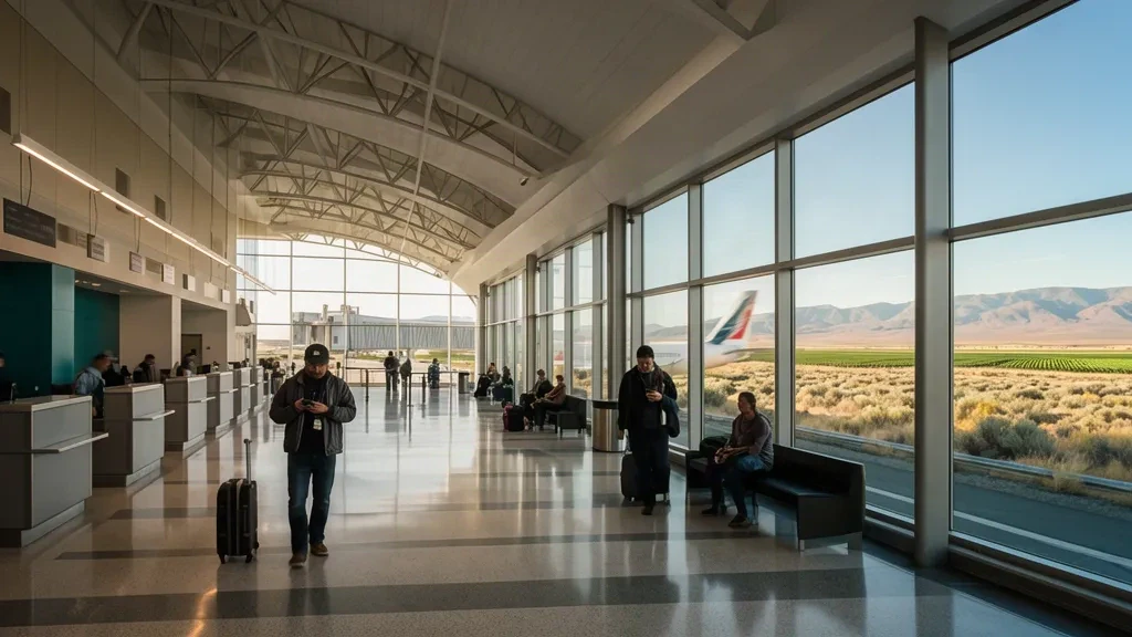 Viaggiatori con bagagli nella luminosa sala partenze dell'Aeroporto di Tri-Cities PSC a Pasco, Washington, sotto una calda luce pomeridiana