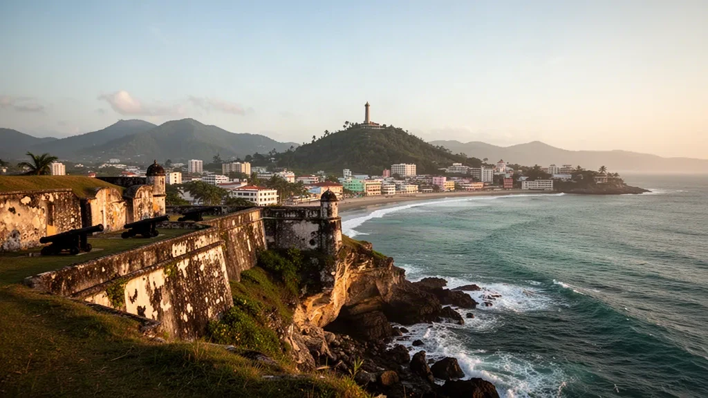 Koloniales Steinfestung an der Atlantikküste von Puerto Plata zur goldenen Stunde, mit der Skyline der Stadt und grünen Bergen dahinter