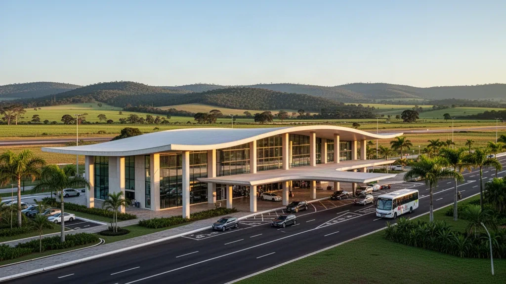Moderno terminal aeroportuale regionale a Pato Branco, in Paraná, Brasile, visto dalla corsia di scarico durante l'ora d'oro con colline verdi sullo sfondo