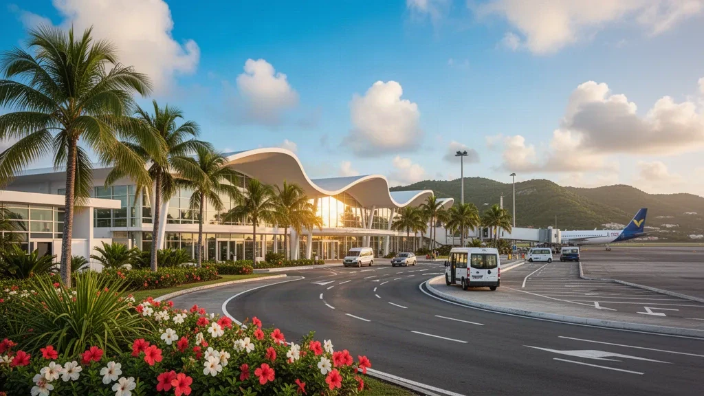 Terminal moderna de cristal y vía de acceso bordeada de palmeras en el Aeropuerto Internacional Maryse Condé de Guadalupe bajo la luz de la mañana caribeña