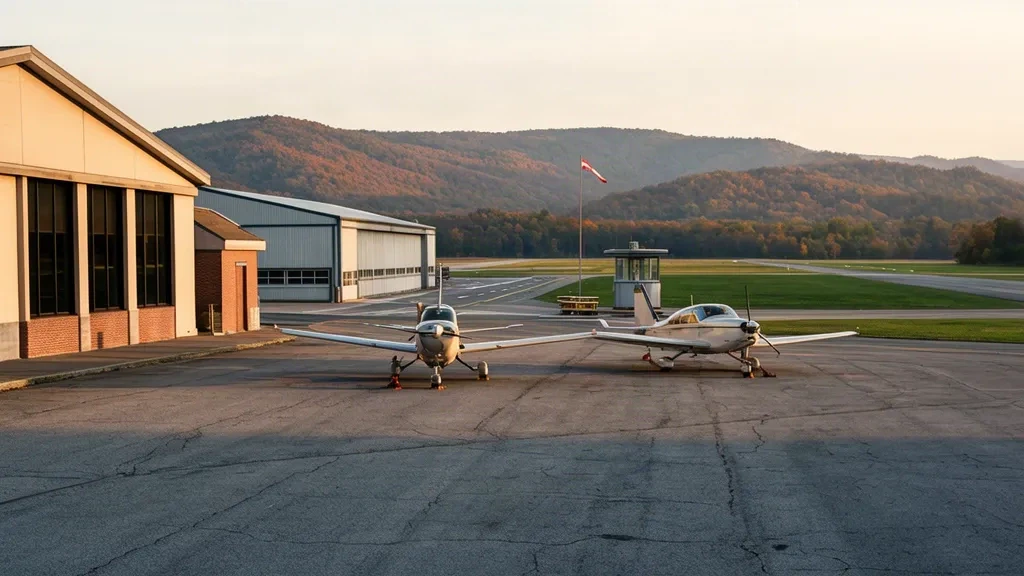 Aereo monomotore parcheggiato sulla piazzola all'esterno del piccolo edificio terminal dell'aeroporto di Heritage Field a Pottstown, Pennsylvania