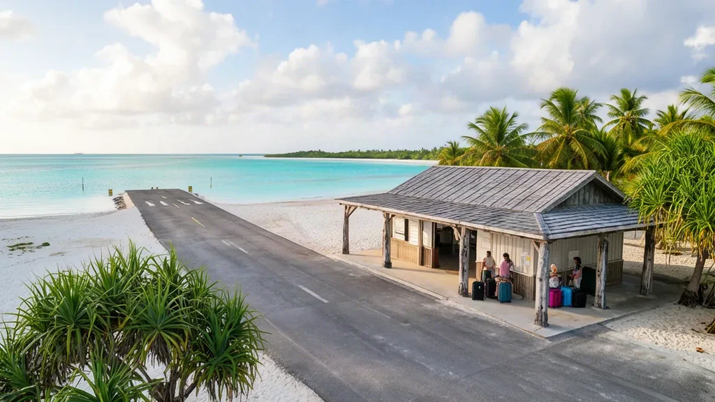 Terminal à ciel ouvert de l'aéroport de Pukarua en Polynésie française, avec des cocotiers, une piste bitumée et un lagon turquoise.