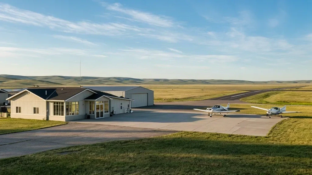 Weite Außenansicht des Terminals und Vorfelds des Sher-Wood Airport in Plentywood, Montana, mit kleinen Flugzeugen unter klarem Präriehimmel.