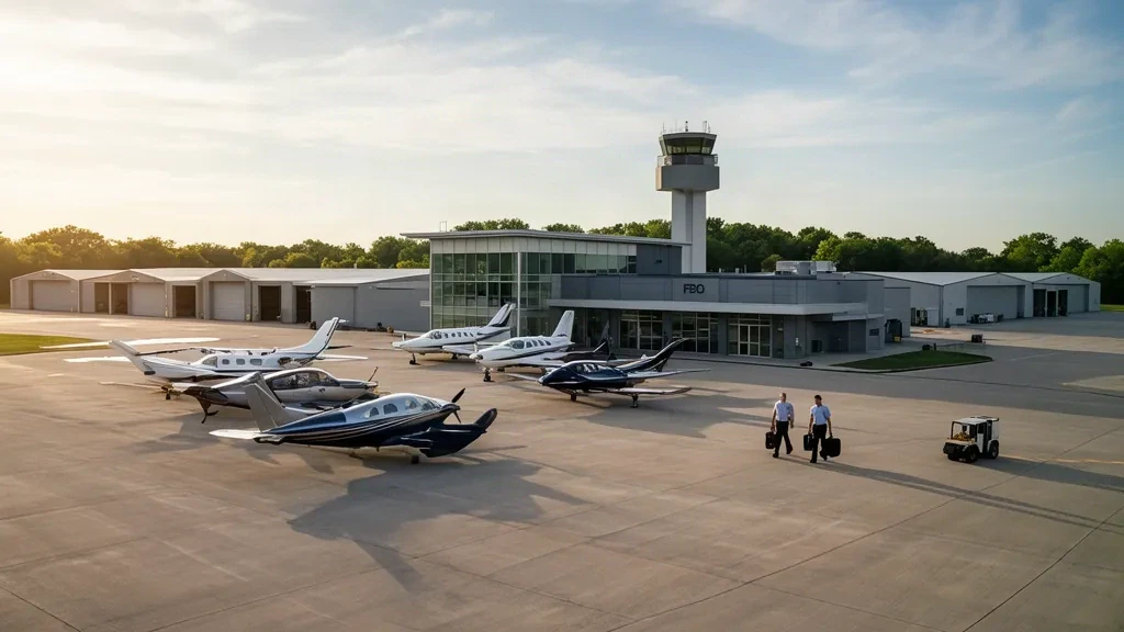 Wheeling, Illinois yakınlarındaki Chicago Executive Havaalanı'nda terminal ve kontrol kulesinin dışındaki apronda park etmiş iş jetleri ve hafif uçaklar