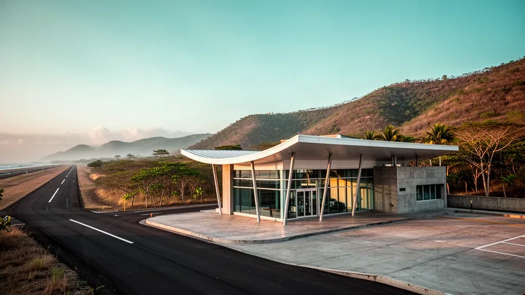 Terminal moderne en verre et environnement de piste à l'aéroport Reales Tamarindos à Portoviejo, Manabí, Équateur, sous une chaude lumière dorée.