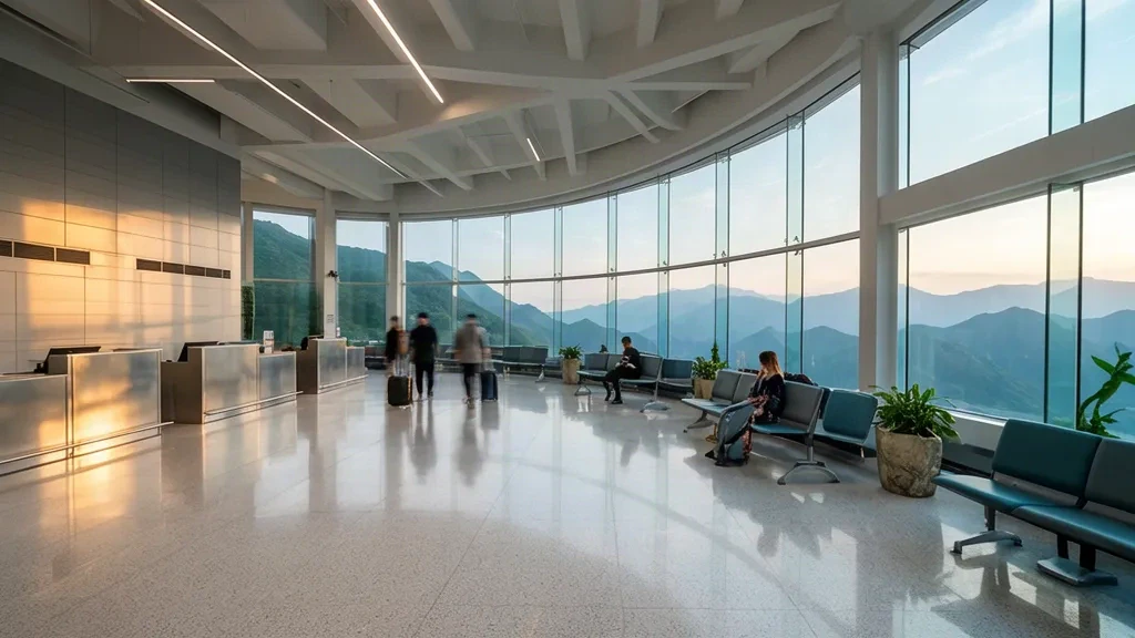 Interno luminoso della sala partenze dell'aeroporto di Panzhihua Bao'anying con vista sulle montagne attraverso le alte finestre del terminal