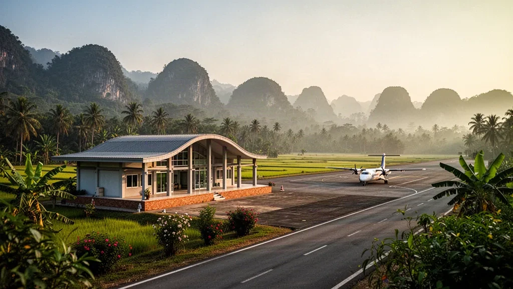 Pequeña terminal regional del Aeropuerto de Pai, en el norte de Tailandia, rodeada de montañas brumosas, palmeras y luz dorada del atardecer