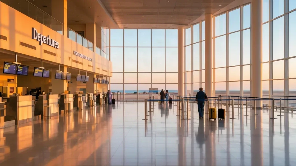 Port Sudan Yeni Uluslararası Havalimanı'nda check-in kontuarları ve doğal ışıkla modern terminal iç mekanı