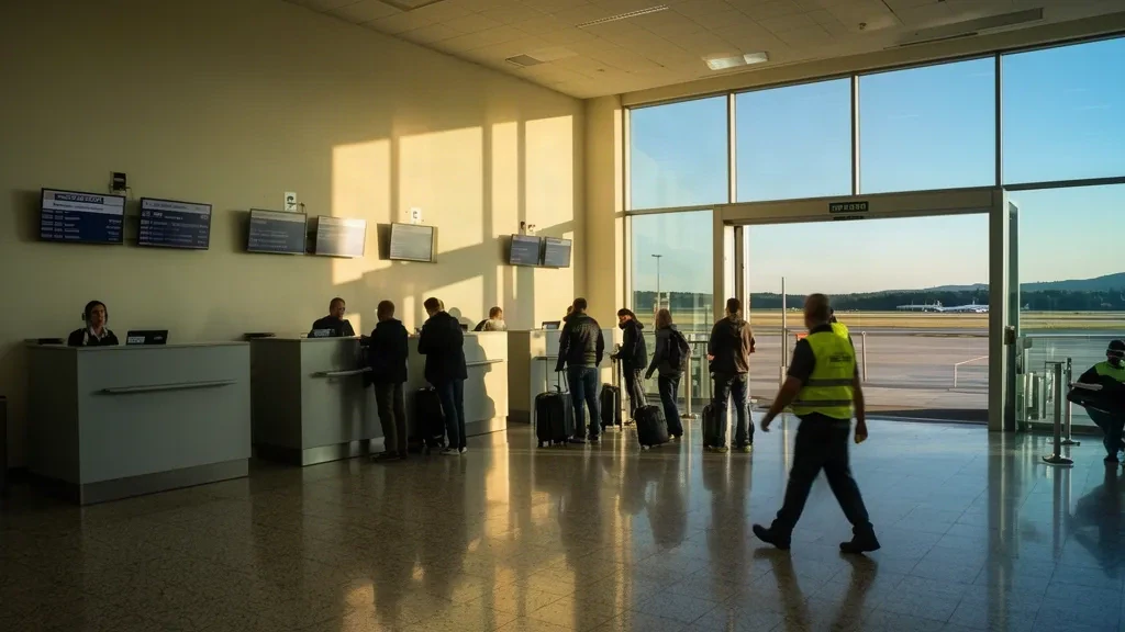 Slovakya'daki Piešťany Havalimanı'nda cam terminal duvarlarından gün ışığı süzülen küçük check-in salonu iç mekanı