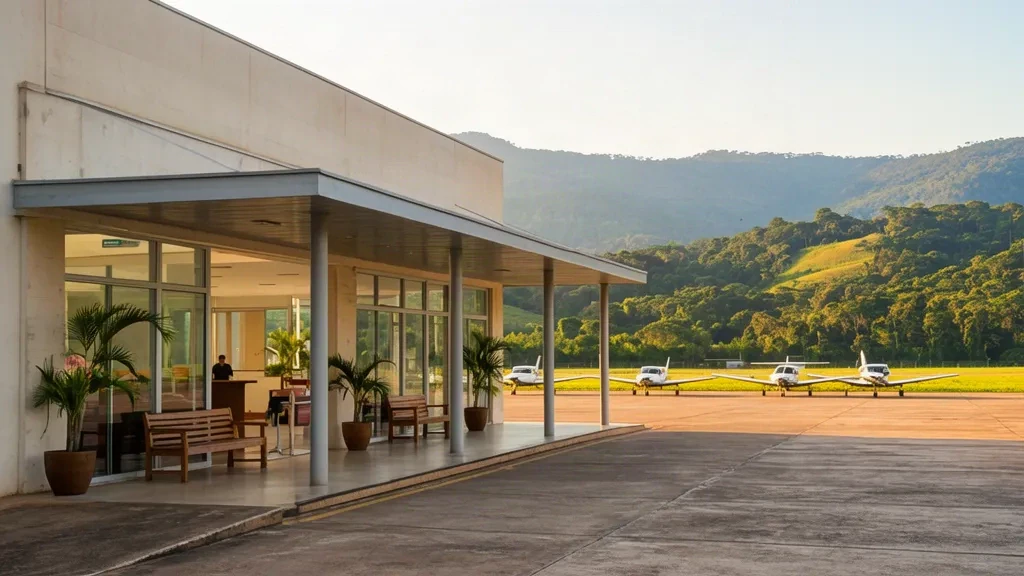 Modernes Terminalinterieur am Comte. Rolim Adolfo Amaro–Jundiaí State Airport (QDV) in Brasilien, mit Tageslicht und Wartebereichen.