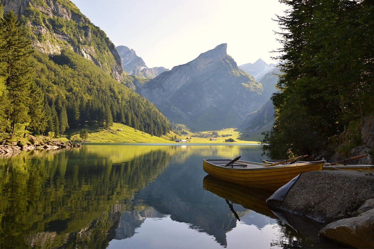 eau, rivière, lac, montagnes, alpin, bateau, forêt, arbres, suisse, nature, reflet