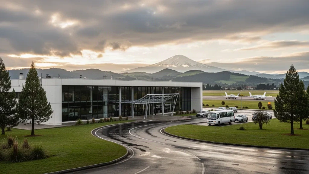 Moderno terminal basso e corsia di sbarco all'Aeroporto Maquehue vicino a Temuco, Cile, incorniciati dalle verdi colline dell'Araucanía