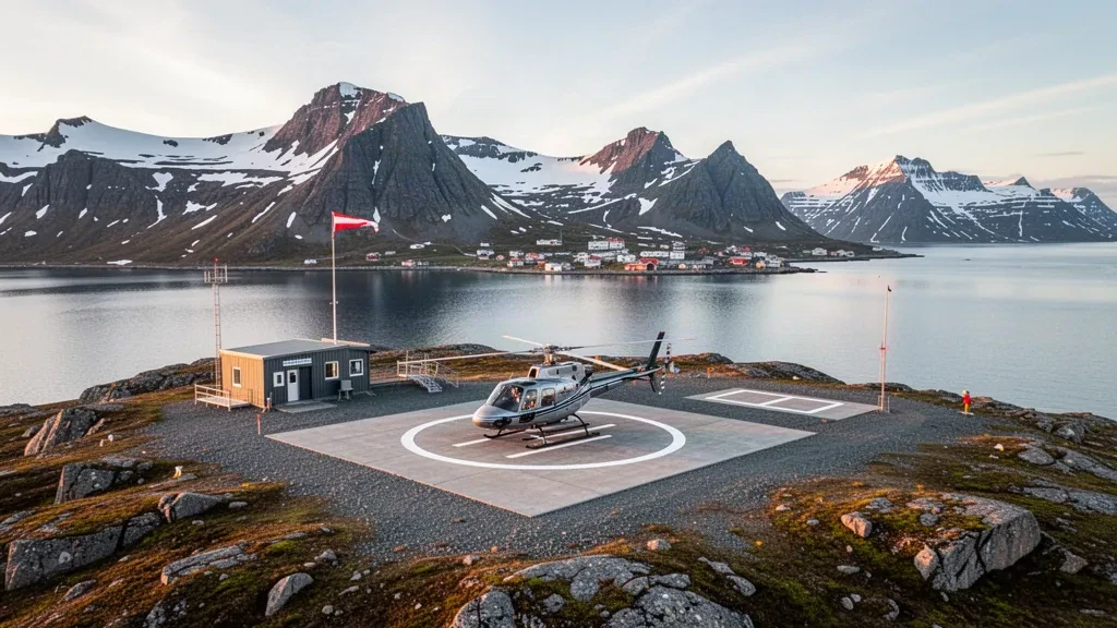Elicottero fermo su una piazzola di ghiaia all'eliporto di Ammassivik in Groenlandia, circondato da montagne impervie e acque del fiordo sotto una soffusa luce artica.