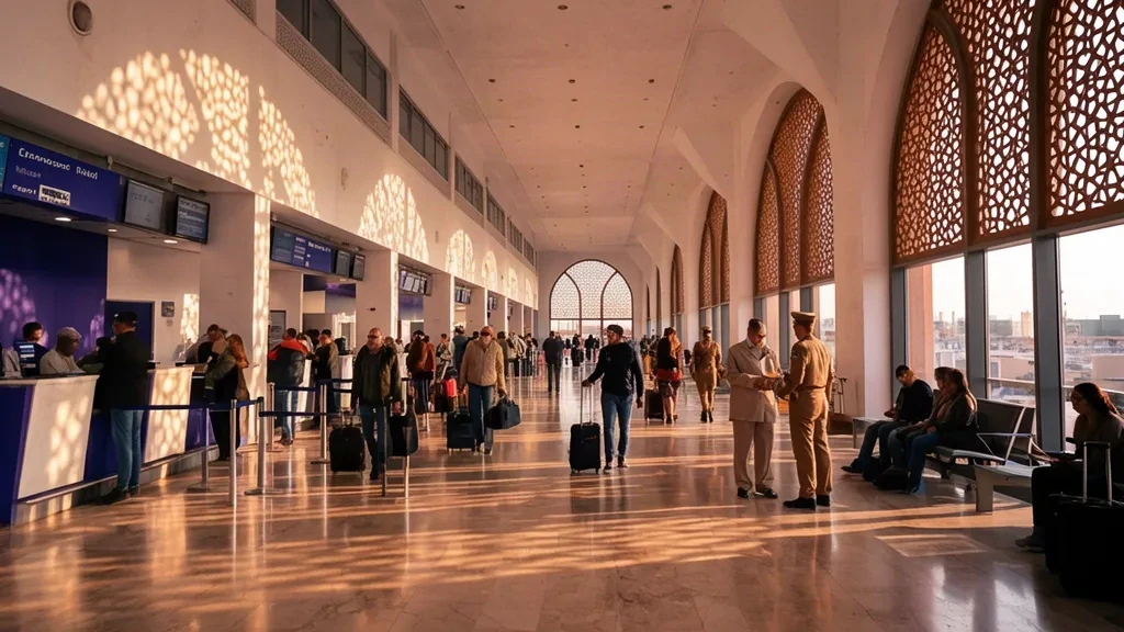 Innenansicht der Abflughalle am Flughafen Marrakesch Menara in Marokko mit marokkanischen Gitterschirmen und Reisenden