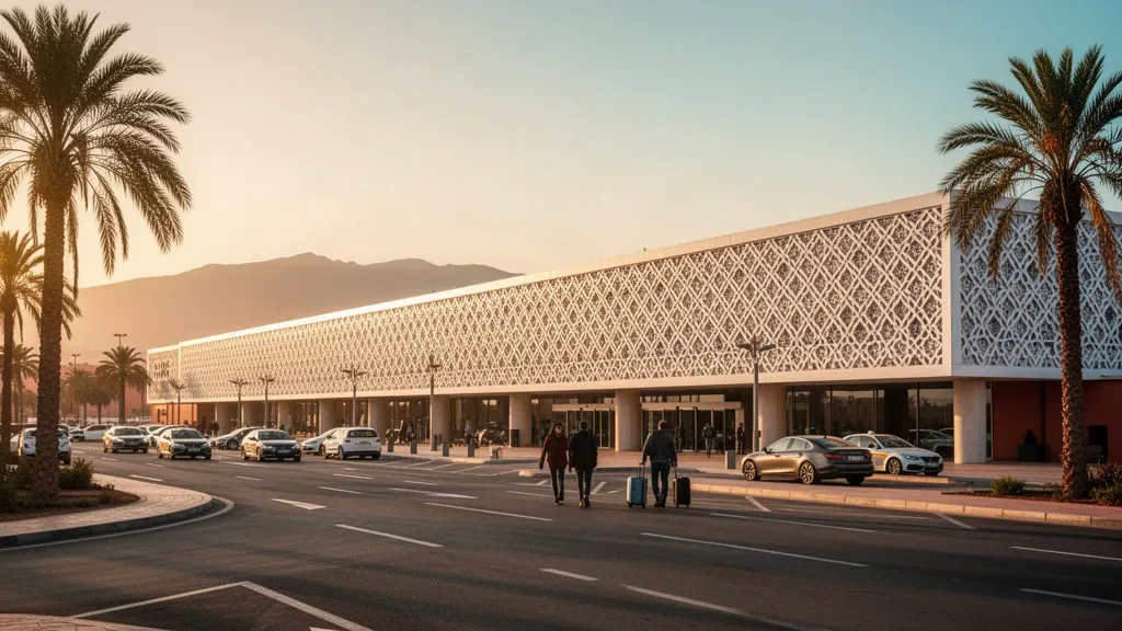 Altın saatlerde Marakeş Menara Havaalanı terminal binasının dış cephesi; palmiye ağaçları, yolcu indirme şeritleri ve arka planda Atlas Dağları