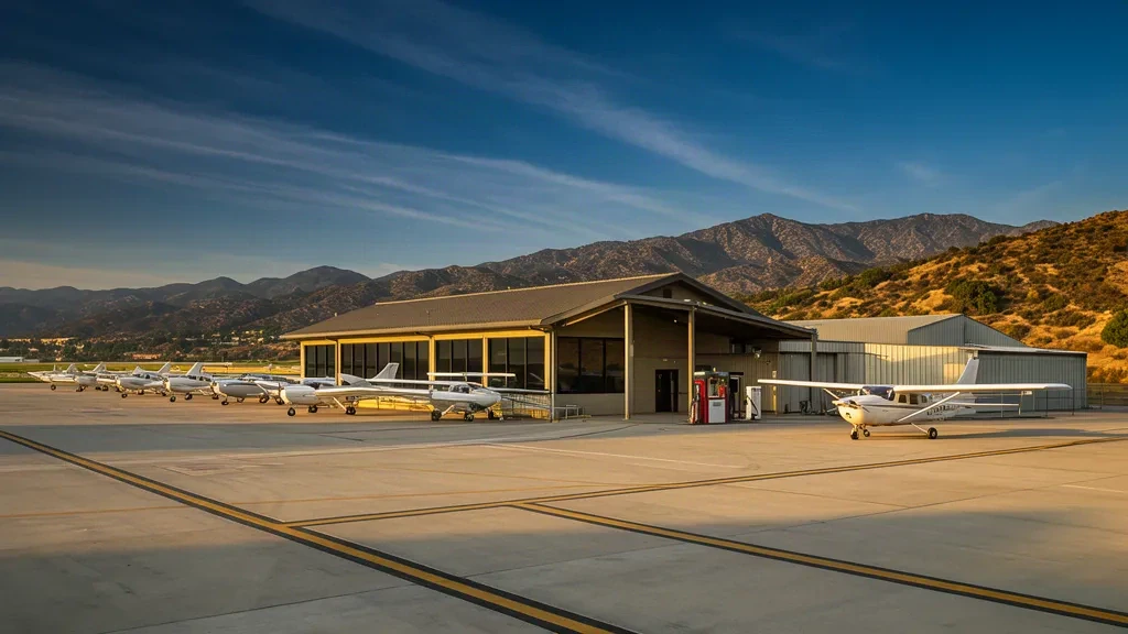 Piazzale dell'aviazione generale e terminal a un piano dell'aeroporto Riverside Municipal RAL con piccoli aerei parcheggiati sotto cieli limpidi della California meridionale
