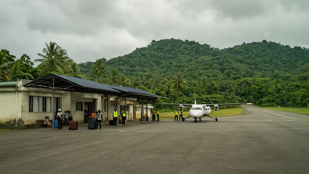 Petit terminal tropical et piste à l'aéroport d'Arawa en Bougainville, Papouasie-Nouvelle-Guinée, entourés de palmiers et de collines verdoyantes sous une douce lumière couverte.