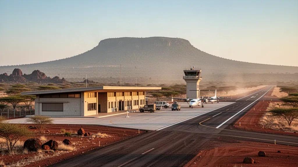 Bâtiment terminal de faible hauteur et piste à l'aéroport de Marsabit, dans le nord du Kenya, entourés de broussailles d'acacias sèches avec le mont Marsabit au loin