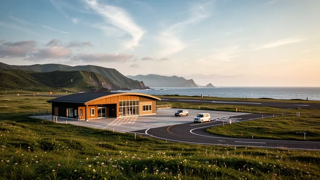 Small island airport terminal on Rebun Island, Hokkaido, with coastal hills, a quiet apron and golden-hour light over the Sea of Japan.