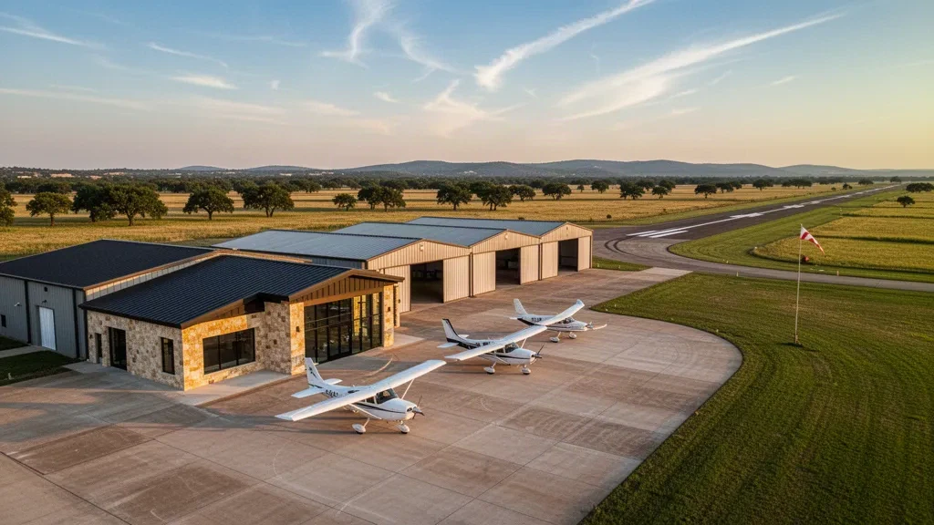 Aire de stationnement d'aviation générale et terminal moderne à l'aéroport régional H H Coffield à Rockdale, Texas, sous une lumière chaude d'heure dorée