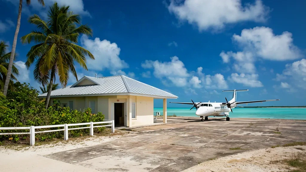 Terminal a un piano e piazzale aeromobili all'aeroporto internazionale di Rum Cay nelle Bahamas, incorniciati da palme e dalle acque turchesi dei Caraibi.