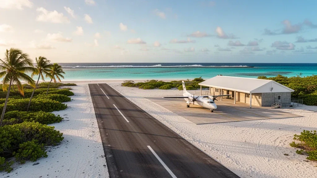 Piccolo aeroporto su atollo con pista bordata di corallo, terminal all'aperto e turboelica parcheggiato sull'atollo di Reao nelle isole Tuamotu della Polinesia francese