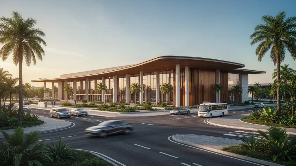 Exterior de terminal moderna de vidrio y carriles de descenso en el Aeropuerto Internacional de Resistencia en Chaco, Argentina, iluminados por el sol cálido del atardecer