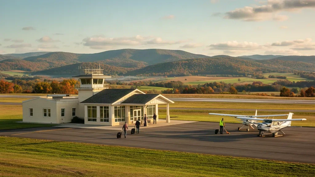 Piccolo terminal per l'aviazione generale e piazzale aeromobili presso Mifflin County Airport RED nella campagna della Pennsylvania
